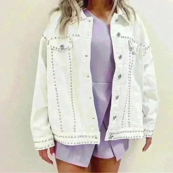 White Studded Denim Jacket - Picture 1 of 5